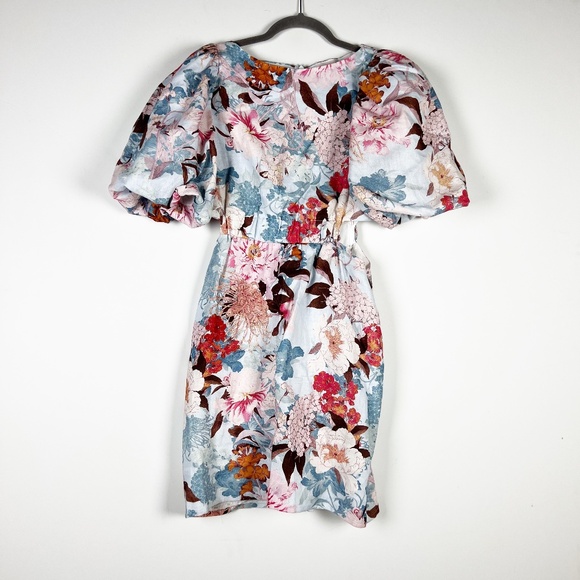 Cara Cara Bonnie Linen Cotton Cut Out Waist Balloon Sleeve Japanese Floral Dress - Picture 1 of 4